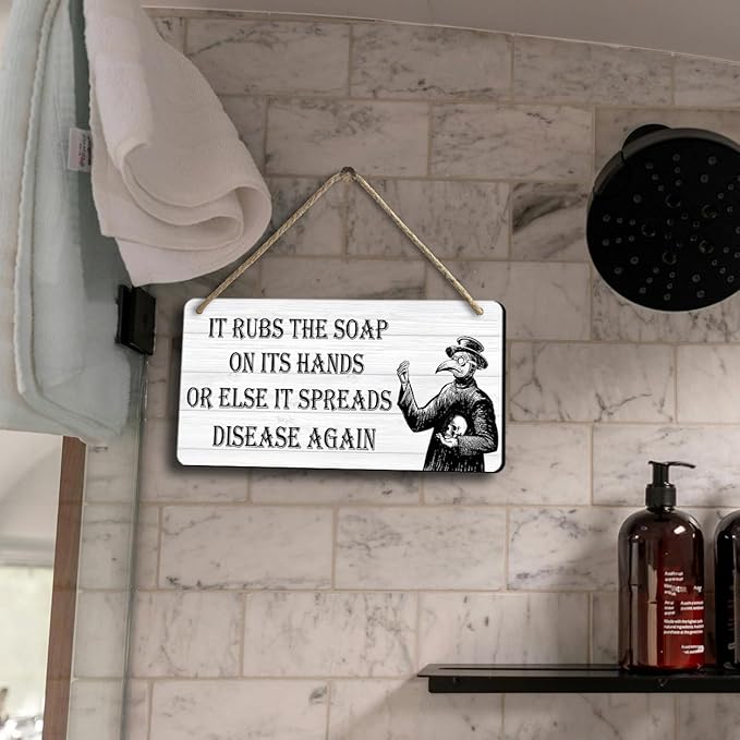 Gothic Bathroom Decor, Funny Bathroom Signs - Bathroom Wall Art for Goth Room Plague Doctor Decor, Dark Academia Decorations - Plague Doctor Wash Your Hands Sign 6x12 Inch
