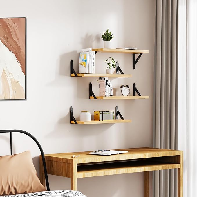 Wood Floating Shelves Set of 4, Rustic Storage Decor Wall Shelves, Wall Mounted Shelf for Living Room, Bedroom 17" x 6", Natural