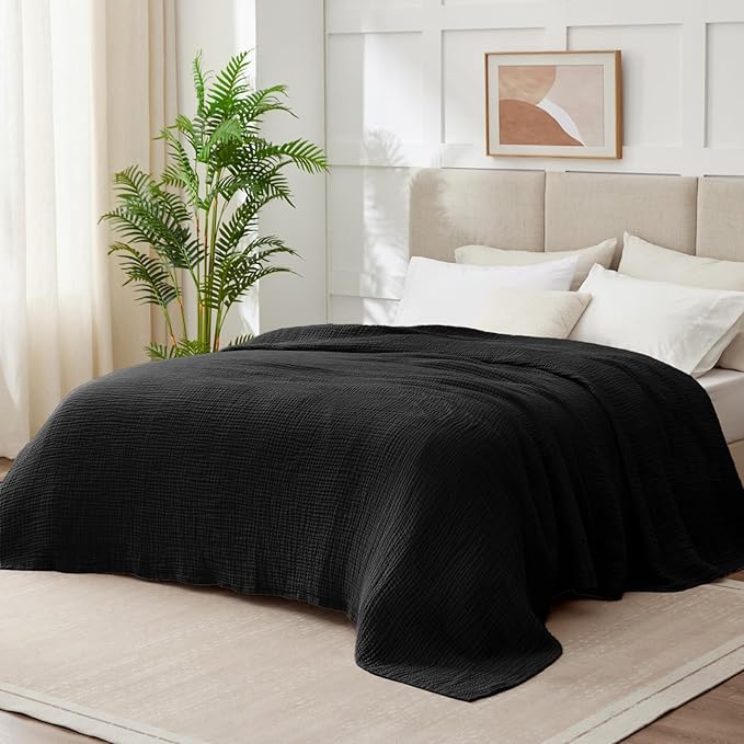 100% Cotton Muslin Blanket Twin 66" x 90", 6 Layers Breathable and Lightweight Cotton Blankets for Couch, Soft Cooling Summer Gauze Blanket for Adults All Season, Black