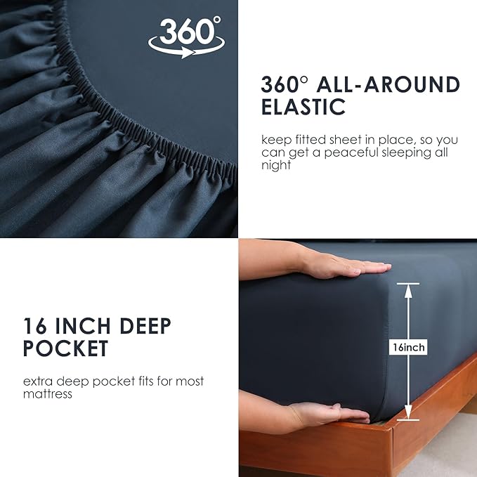 JSD Navy Blue Twin Sheet Set with Side Pocket Corner Straps, 3 Piece Soft Kids Microfiber Bed Sheets Extra Deep Pocket