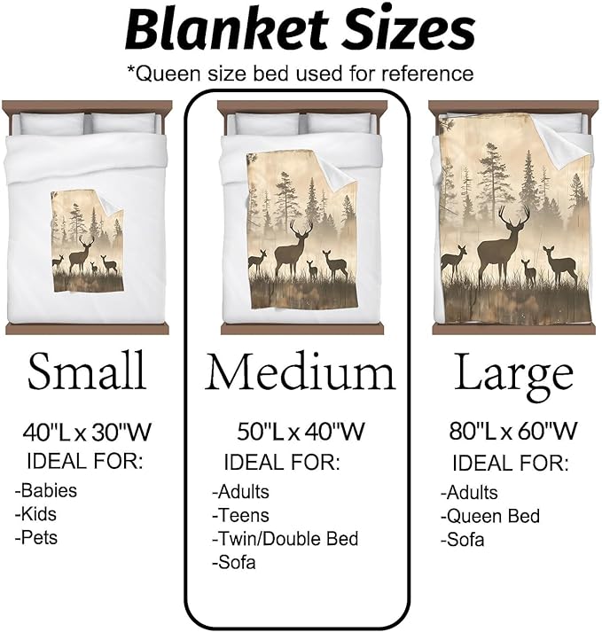 Vintage Deer Blanket Nature Wildlife Art with Rustic Forest Silhouette Throw Blankets Lightweight Flannel Throws for Camping Couch Chair Bed Home Decor Gifts for Animal Lover,60x50inch