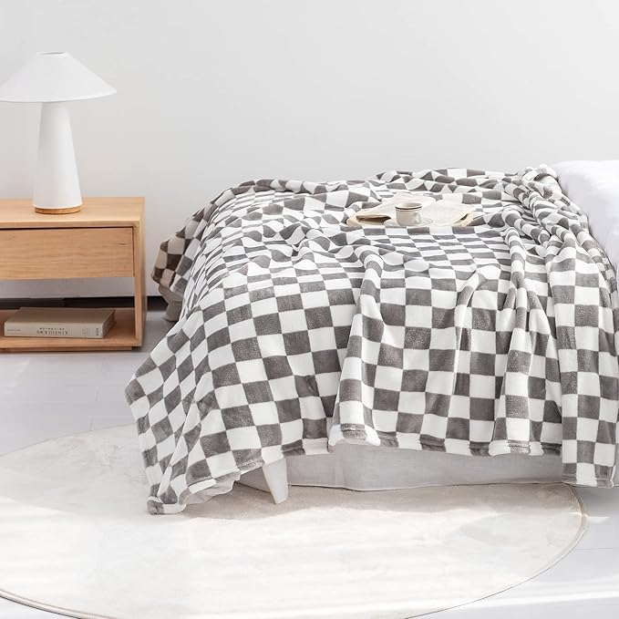 LOMAO Throw Blankets Flannel Blanket with Checkerboard Grid Pattern Soft Throw Blanket for Couch, Bed, Sofa Luxurious Warm and Cozy for All Seasons (Grey, 60"x80")