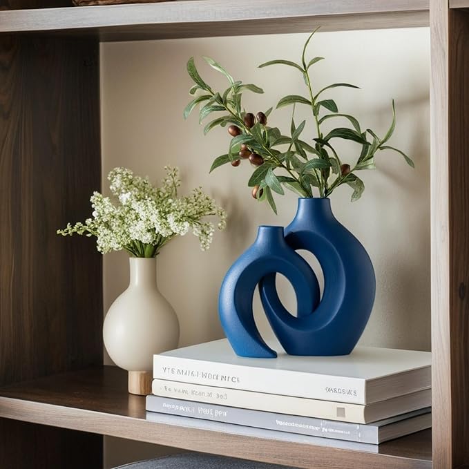Liotww Snuggle Hollow Ceramic Vase Set of 2, 8.4 Inch Hug Donut Modern Nordic Boho Style Vases for Home Decor Anthropologie Aesthetic Living Room Shelf Coffee Table Decorative (Navy Blue)