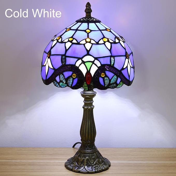 Tiffany Style Table Lamp, Blue Baroque Style Stained Glass Lamp, 8 Inch Small Antique Lamp, for Bedside Nightstand Bedroom Living Room Home Office, Include LED Bulb