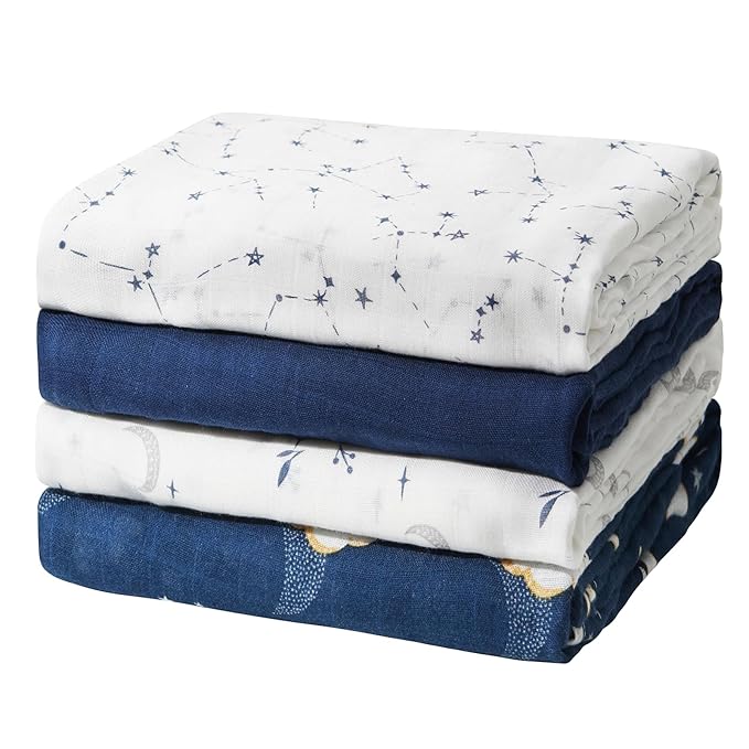 Momcozy Muslin Swaddle Blankets, 4-Pack Breathable and Skin-Friendly Receiving Blankets, Swaddle Blanket Shower Gifts & Baby Registry Essentials, Large 47"x47", Midnight Star Clouds