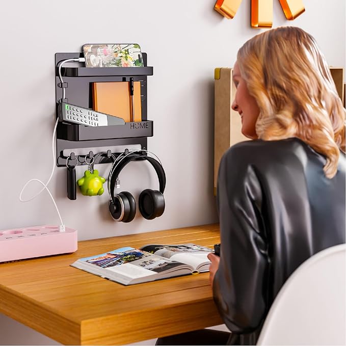 Ejoyous Bedside Shelf Wall Mount, Adhesive Phone Holder Organizer with Hooks and Cable Clips On Dorm Room, Wall Storage for Glasses Remote Earphone Cell Phone Charger Keys Snacks (Black)