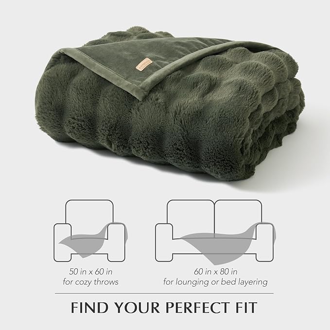 EverGrace Ultra Soft Luxury Fluffy Faux Rabbit Fur Throw Blanket, Thick Warm Bubble Throw for Bed, Cozy Plush Reversible Blankets for Couch, Chair, Sofa, Green, 50x60 Inches