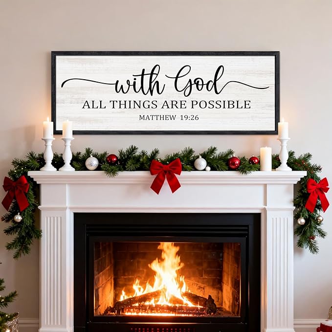 With God All Things are Possible Framed Wall Art, 40''×15'' Black Positive Religious Rustic Bible Verse for Christian God Jesus Christ Prayer, Holy Horizontal Inspirational Catholic Scripture Decor