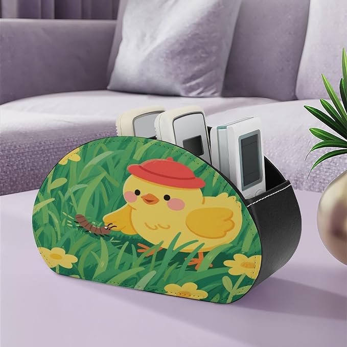 Yellow Chick in Grass Remote Control Holder Organizer Box with 5 Compartment PU Leather Bedside Storage Caddy Remote Organizer for Controller Media Player Pen/Pencil Storage