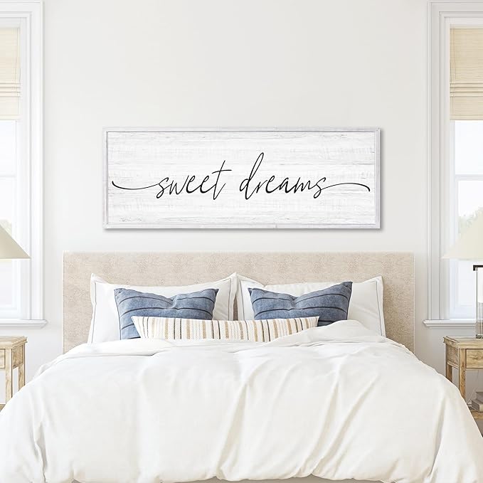 Sweet Dreams Wall Decor Above Bed Large 41''×15'' Farmhouse Wall Decor for Bedroom Guest Room Decor Framed Wood Wall Art Rustic Master Bedroom Wall Decoration 01 (white frame)