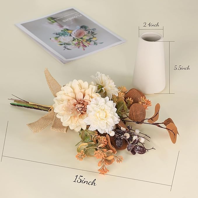 Small Artificial Flowers in Ceramic Vase 15 inch Faux Flower Centerpieces Coffee Table Decor, Silk Flower Arrangements Indoor Fake Bouquet for Dining Room Kitchen Wedding Home Decor, Brown