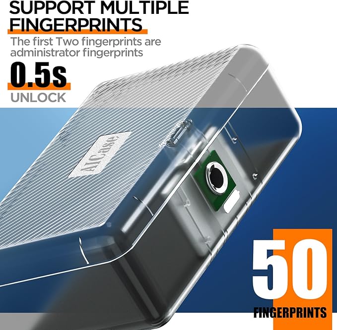 AICase Biometric Fingerprint Storage Box, Transparent Portable Jewelry Cash Safe Storage Box, Rechargeable Lock Box for Car Home Office Travel_Clear