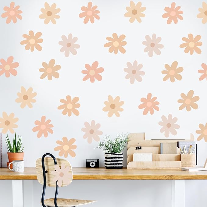 BBTO Daisy Wall Decal Flower Vinyl Wall Decals Daisy Stickers Floral Decals Peel and Stick for Nursery Art Bedroom Living Room(Simple Style,Warm Color)