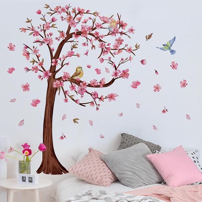 3D Flower Tree Wall Decals Peel and Stick Large Cherry Blossom Stickers for Wall in Heart Shape with Birds Removable Wall Stickers & Murals for Living Room Bedroom Girl Nursery Classroom Home Decor