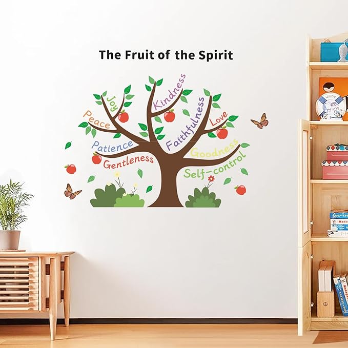 HLNIUC Apple Tree Inspirational Wall Decal (35”x24”)Colorful Inspiring Quotes Wall Sticker The Fruit of the Spirit Art Decal,Motivational Sayings Apple Butterfly Room Sticker for Kids Bedroom,Nursery