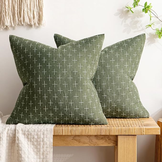 MIULEE Pack of 2 Decorative Vintage Burlap Linen Spring Throw Pillow Covers Modern Farmhouse Pillowcase Rustic Woven Textured Cushion Cover for Sofa Couch Bed 16x16 Inch Olive Green