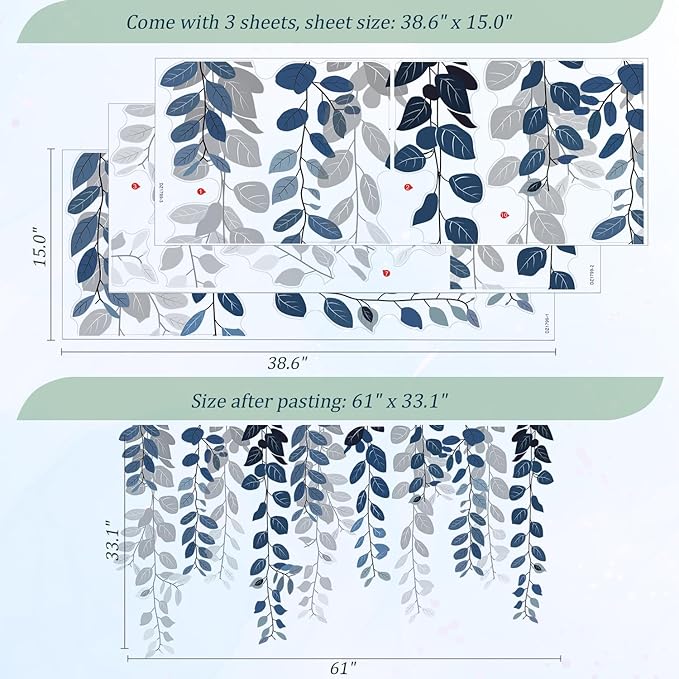 Blue Hanging String of Eucalyptus Wall Decals Peel and Stick, Large Plants Vinyl Wall Stickers, Removable Vine Home Decor Art for Bedroom Living Room Classroom Office