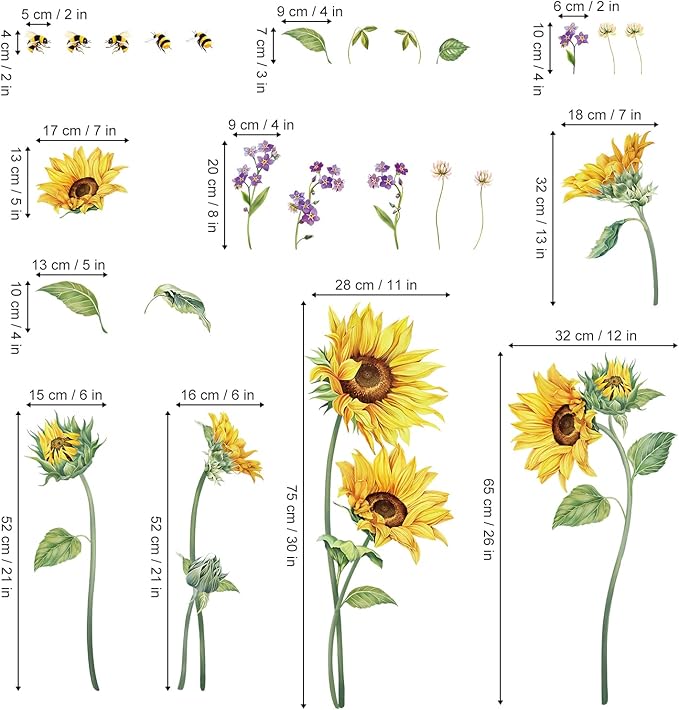 decalmile Large Sunflower Wall Decals Flower Grass Wall Stickers Bedroom Living Room Kitchen Wall Decor