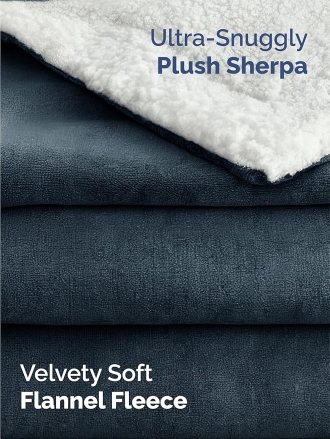Sherpa Fleece Blanket Queen Size - Reversible Sherpa Fleece Queen Blanket - Super Soft Double Sided for Bed, Sofa, Couch - Thick, Warm, Fuzzy & Plush - Luxurious Bedding for Winter - Navy, 90" x 90"