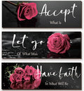 3 Pcs Pink Rose Bathroom Wall Decor Inspirational Wooden Wall Art Flower with Accept Let Go Have Faith Positive Quotes for Girl Women Bathroom Bedroom Living Room Office (Pink Rose 12 X 4 Inch)
