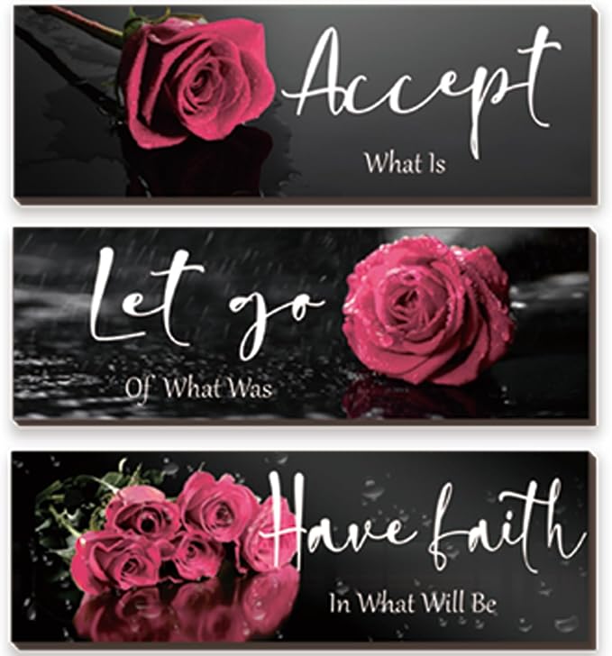 3 Pcs Pink Rose Bathroom Wall Decor Inspirational Wooden Wall Art Flower with Accept Let Go Have Faith Positive Quotes for Girl Women Bathroom Bedroom Living Room Office (Pink Rose 12 X 4 Inch)