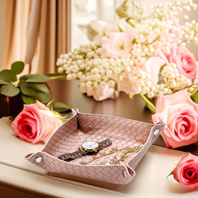 UnionBasic Small Valet Tray, Jewelry Tray for Rings Watches Earrings, Entryway Catchall Caddy for Coins Keys Change, Nightstand Bedside Valet Holder, Trays for Electronic Gadgets, Woven Pink