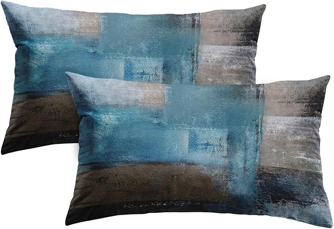 Britimes Throw Pillow Covers Modern Home Art Decor, 12 x 20 Inches Set of 2 Pillow Cases Decorative, Abstract Oil Painting Pillowcases for Bedroom, Living Room, Teal Grey