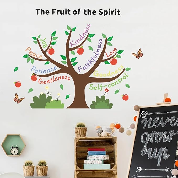HLNIUC Apple Tree Inspirational Wall Decal (35”x24”)Colorful Inspiring Quotes Wall Sticker The Fruit of the Spirit Art Decal,Motivational Sayings Apple Butterfly Room Sticker for Kids Bedroom,Nursery