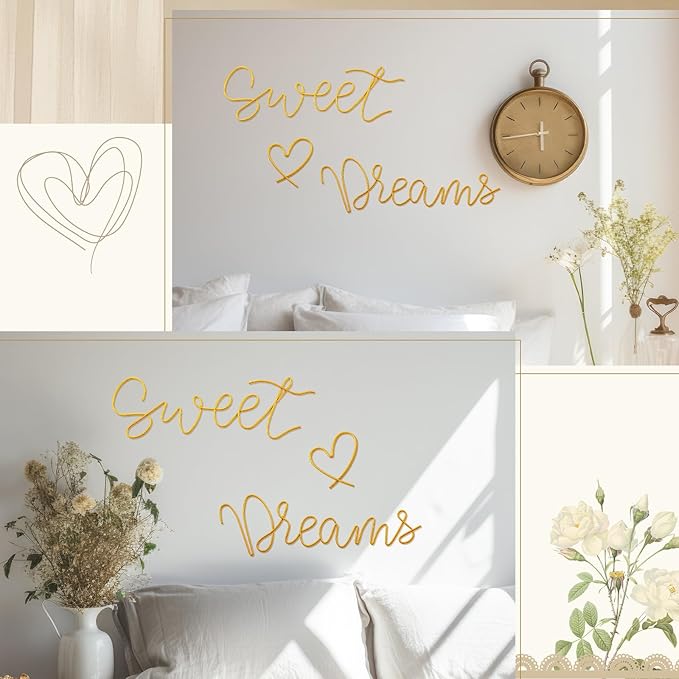 Yousoontic Sweet Dreams Wall Decor Above Bed Minimalist Metal Bedroom Wall Art Modern Sweet Dreams Decorative Metal Sign for Home Bedroom Hotel Dormitory Door Decorations, 29.15'' Total Length (Gold)
