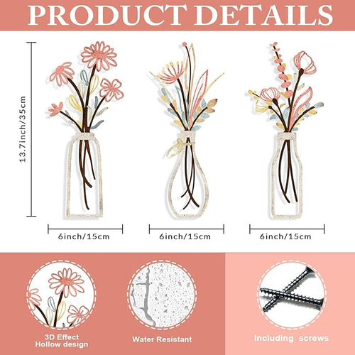 3 Pieces Metal Flowers Wall Arts - Rustic Farmhouse Style Décor Metal Wall Art Black Minimalist Flower Natural Themed Wall Decors for Home Bedroom Dining Room Housewarming (Pink Beige)