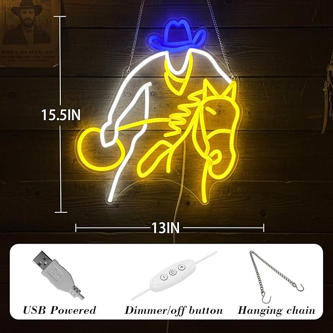 Cowboy Horse Riding Neon Sign for Wall Decor, Western Dimmable LED Wall Light for Man Cave, Bar, Pub, Game Room, or Garage, Cool Art Gift for Men, 15 x 13 inch