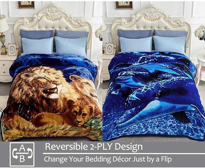 JYK Soft Fleece Bed Blanket King Size Dolphin/Lion - 520GSM Fuzzy Cozy Luxury Warm Blanket Microfiber, 2 Ply Reversible A&B Pattern Room Home Decor Christmas Decorations, 83" x 91 inches, 5.7 LB
