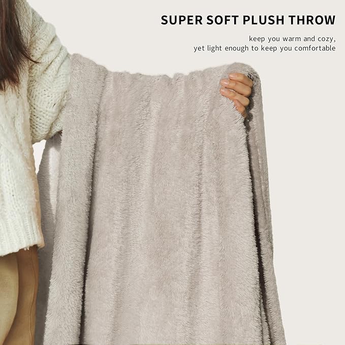 Plush Fleece Throw Blanket for Couch and Bed, Fluffy Fuzzy Cozy Queen-Size Soft Blankets All Season Use (60x80 Inches,Beige)
