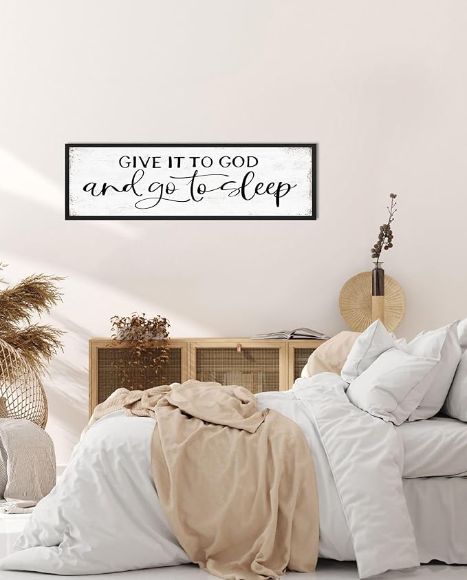 Give It to God and Go to Sleep Sign Wall Art - Bedroom Signs Wall Decor Above Bed - Farmhouse Guest Room Decor - Master Bedroom Decoration 12 × 40 Large Black Framed Hanging