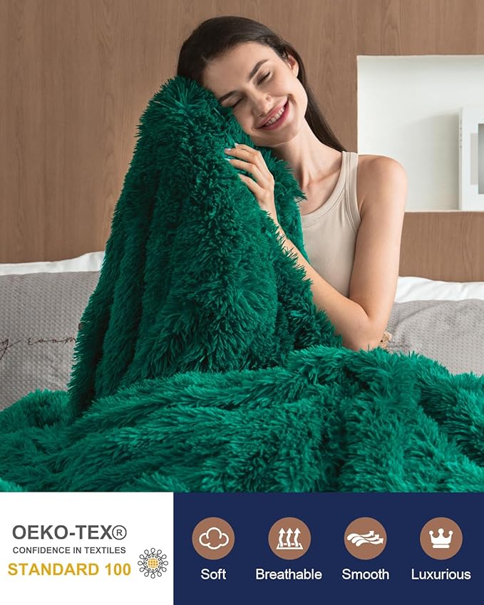 Pawque Faux Fur Throw Blankets 50x60 Inches, Soft Fuzzy Fluffy Blanket, Warm Thick Sherpa Long Hair Shag Reversible Lightweight Cozy Throw for Bedroom Sofa Couch, Green