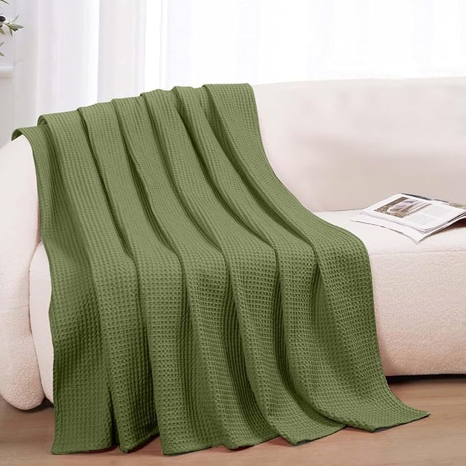 100% Cotton Blankets for Bed - Waffle Weave Blankets for Summer, Lightweight and Breathable Soft Woven Blanket for Spring (Olive Green, Queen (90" x 90"))