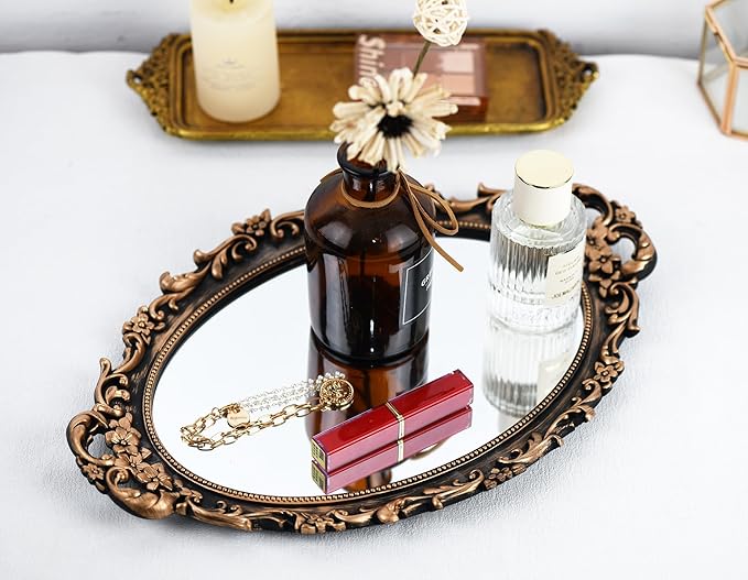Vintage Decorative Gold Framed Mirror, Wall Hanging Mirrors & Tabletop Tray for Bedroom Living Room Dresser Decor, Oval- 9.6" W x 14.3" L (BRONZE-2PACK)