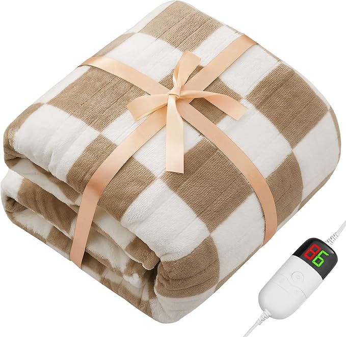 Light Brown Heated Throw Blanket Electric, 50X60 Heating Blanket with 10 Heat Levels & 8 Hours Auto Off for Lap, Checkered Plaid Soft Sherpa Blankets for Mom Grandma Women Couch