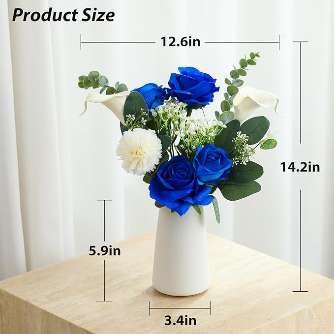 Fake Flowers with a Ceramic Vase for Centerpiece Table Decorations, Faux Blue Silk Rose in Vase, Flowers Arrangements Artificial Flowers Indoor for Dinning Coffee Table Home Decor(Blue White)