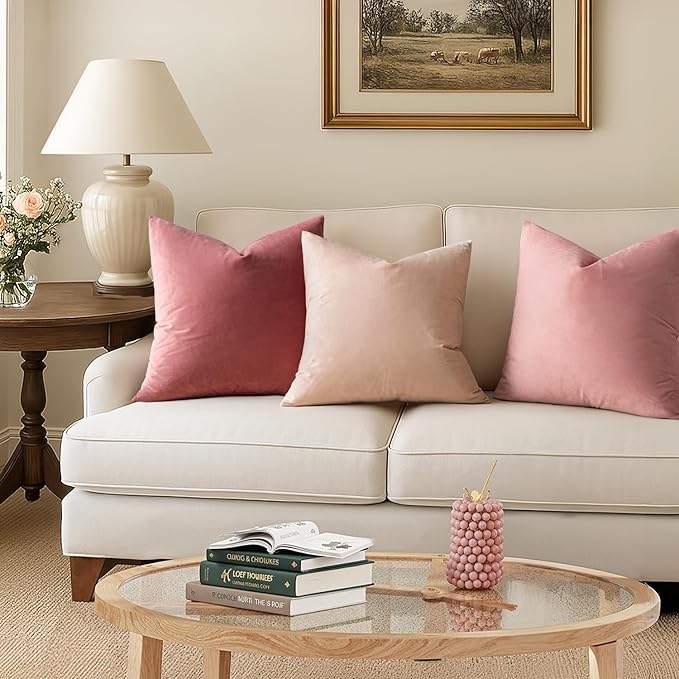 MIULEE 24x24 Inch Euro Sham Velvet Pillow Covers, Set of 2 Large Square Decorative Pillows -Dusty Pink Super Soft for King Bed, Sofa, Couch, Accent Chairs with Hidden Zipper