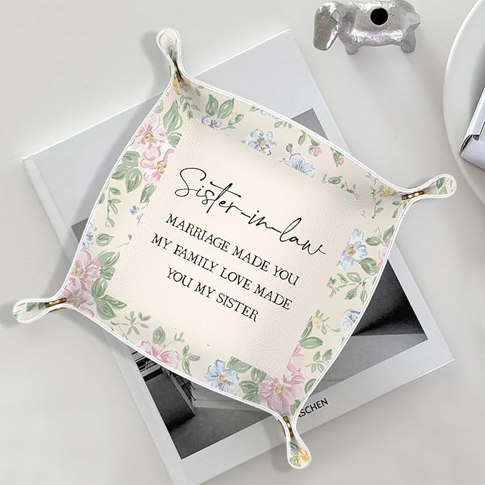 Sister in Law Gifts Jewelry Valet Tray for Women, Gifts for Sister in Law PU Leather Catchall Beside Caddy Nightstand Organizer Tray for Jewelry Rings Watches Keys and Accessories, 7.87x7.87in