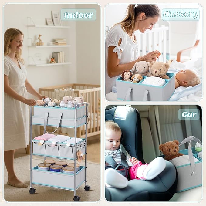 2in1 Colorful Baby Diaper Caddy Organizer Cart 3 Tier Large Capacity Metal Utility Bedside Rolling Cart with Divider for Newborn Nursery Essential Must Have Crib Bedroom Baby Shower (Blue)