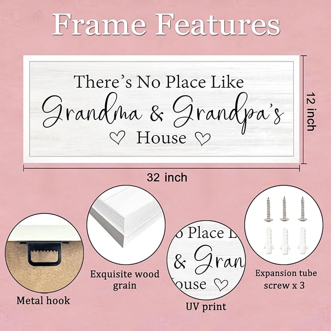 There’s No Place Like Grandma and Grandpa’s House Wall Decor: 32x12 Inch Framed Wooden Family Quote Sign, Rustic Farmhouse Wall Art for Grandparents’ Home, Living Room or Entryway, White