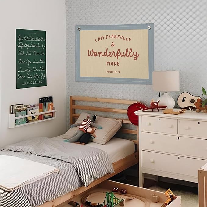 Kids Room Decor - Bible Verse Wall Hanging, 'I am Fearfully and Wonderfully Made' Linen Banner, Canvas Decoration for Classroom, Nursery - Blue