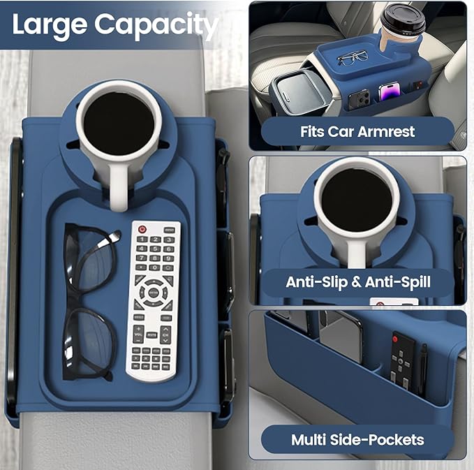 Couch Cup Holder Tray, Silicone Sofa Armrest organizer with Assesory Side Pockets for storage Remote, Cell-phone,Tablet or Snack, Anti-Spill and Anti-Slip Couch Drink Holder Caddy(Blue)