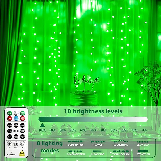 HXWEIYE 300LED Untangled Curtain Lights, 9.8x9.8Ft USB Fairy Twinkle String Lights with Remote and DIY Timer, 8 Modes Window Wall Hanging Light for Bedroom Dorm Backdrop Room Decor, Green