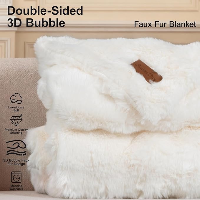 Luxury Faux Fur Throw Blanket, Ultra Soft & Fluffy Blanket for Couch, Sofa, Bed & Living Room – Double-Sided 3D Bubble Blanket (White (Double-Sided Faux Fur Bubble), Twin (60" x 80"))