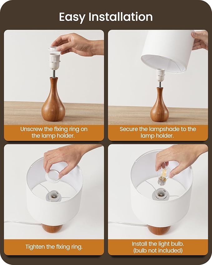 Small Table Lamp, Wood Bedside Lamp with White Linen Lampshade & Dark Wood Base, Mid Century Modern Nightstand Lamp for Bedroom, Living Room, Kid's Room, Dorm Room, E26 Socket, LW09TL05