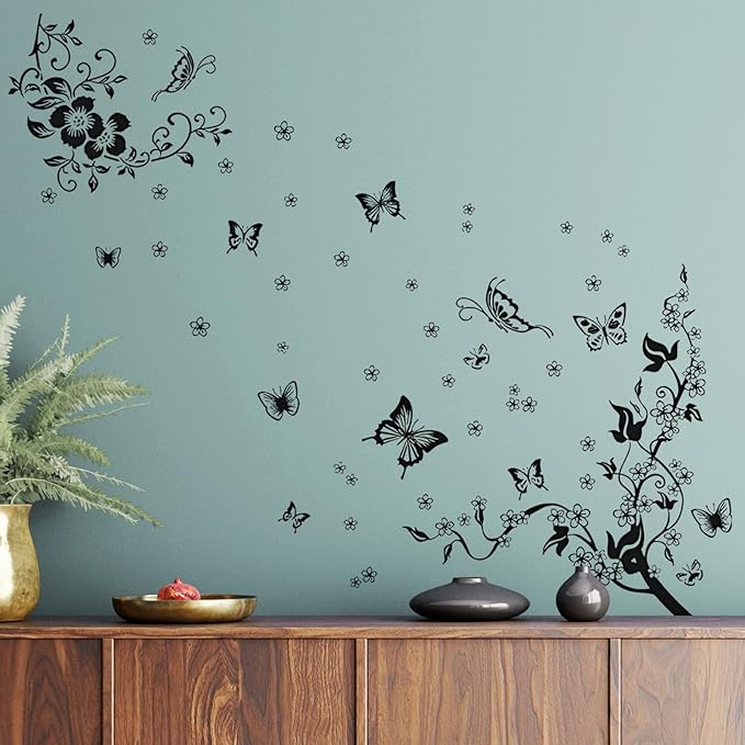 Supzone Flowers Vine Wall Decals - Black Flowers Stickers, Butterfly Decor, Removable Vinyl Art for Bedroom, Living Room, Office, Sofa Backdrop, TV, Home Decoration