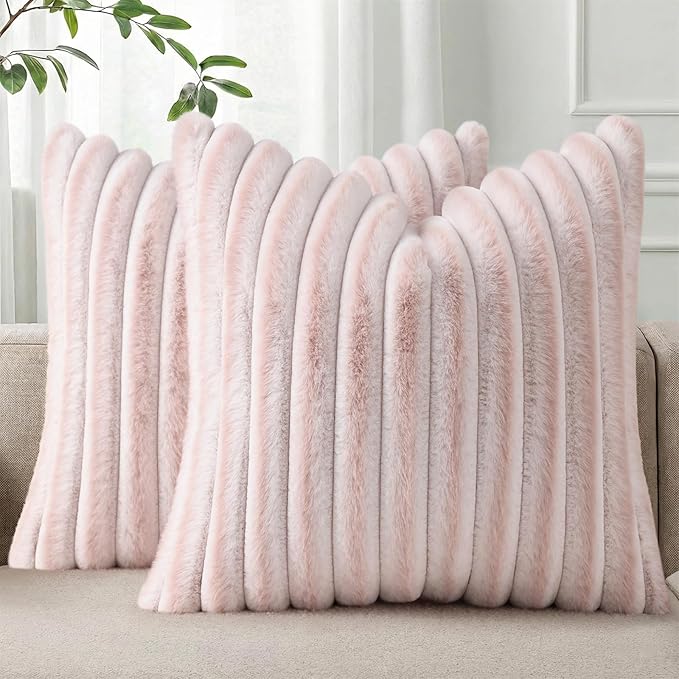 Pallene Faux Fur Plush Throw Pillow Covers 16x16 Set of 2, Luxury Soft Fluffy Striped Decorative Pillow Covers for Sofa, Couch, Living Room, Ombre Pink